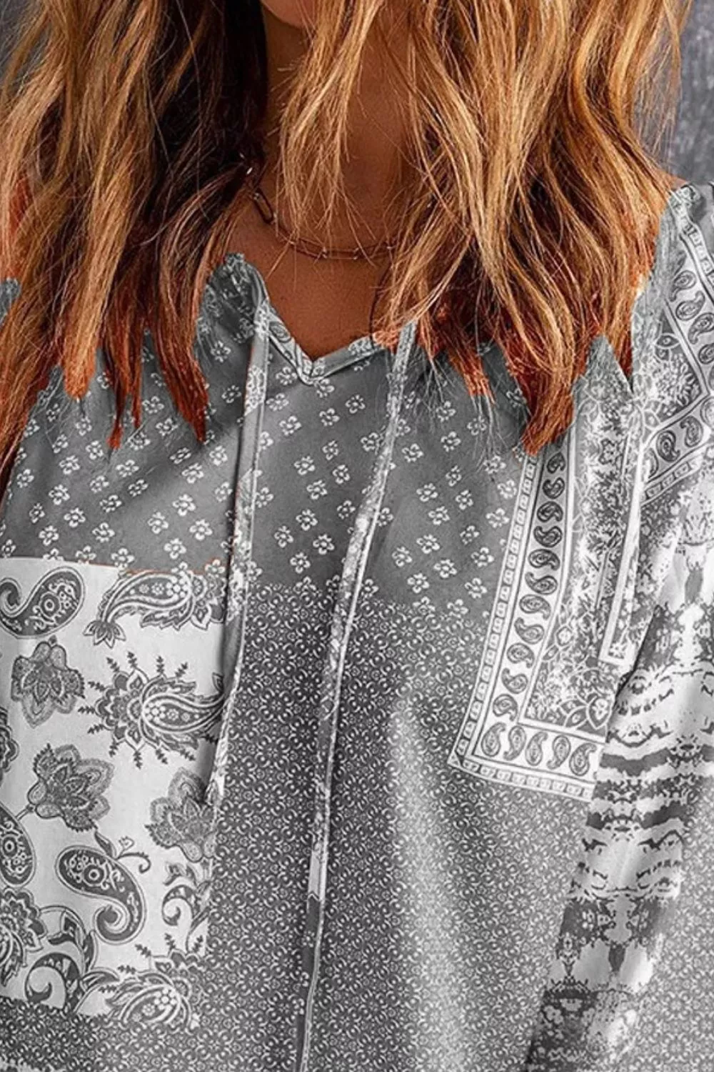 Full Size Paisley Print Tie-Neck Long Sleeve Blouse Plus Size, image 12