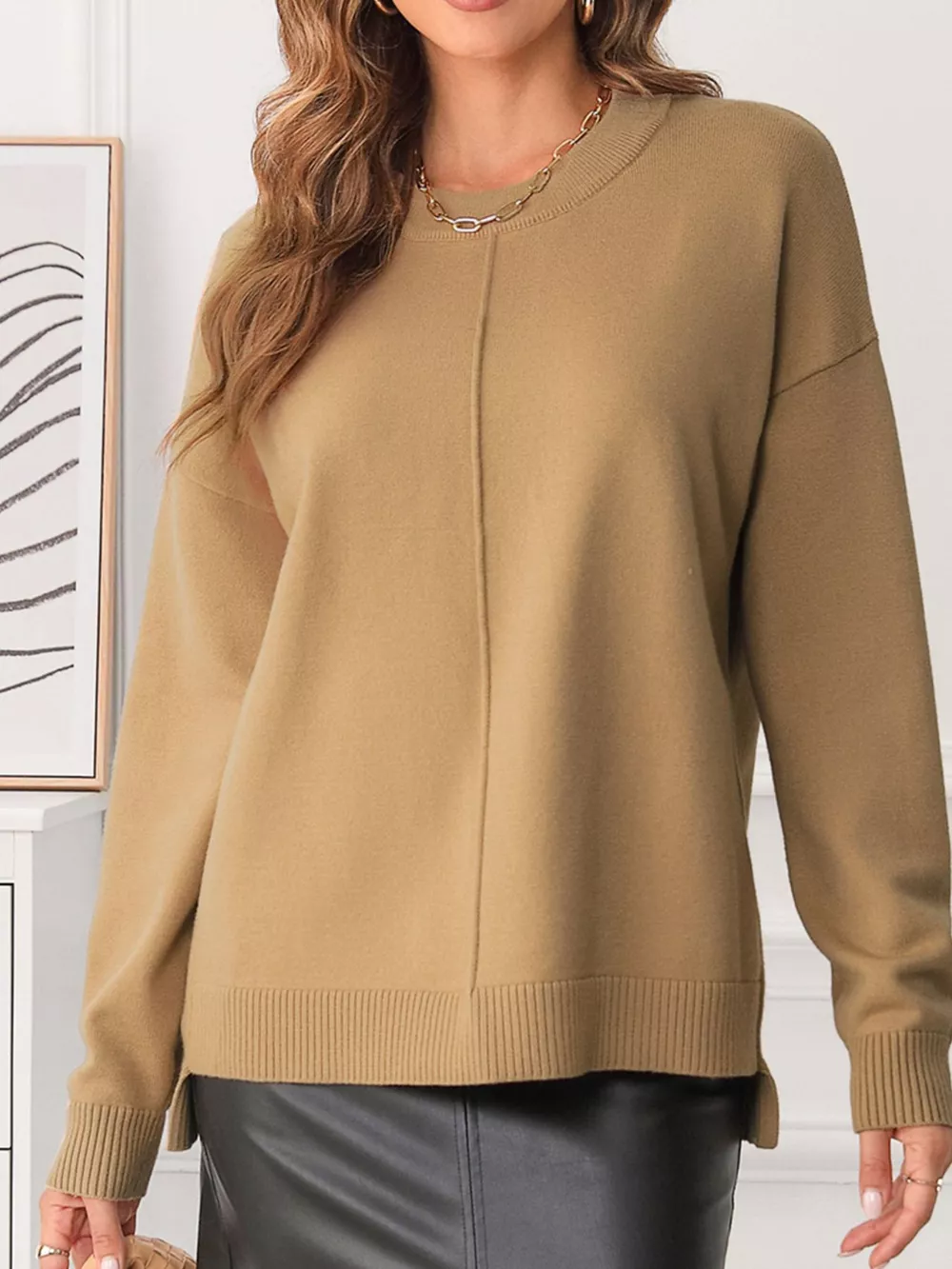Center Seam Drop Shoulder Pullover Solid Sweater, image 6