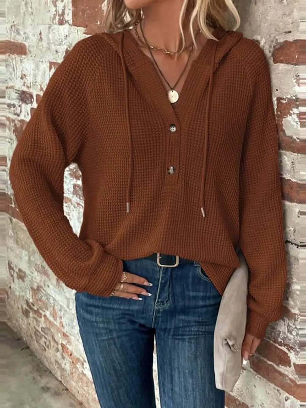 Waffle Knit Long Sleeve Drawstring Hooded Top, image 31