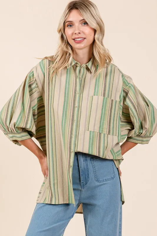 Striped Bubble Sleeve Button Down Shirt, image 6