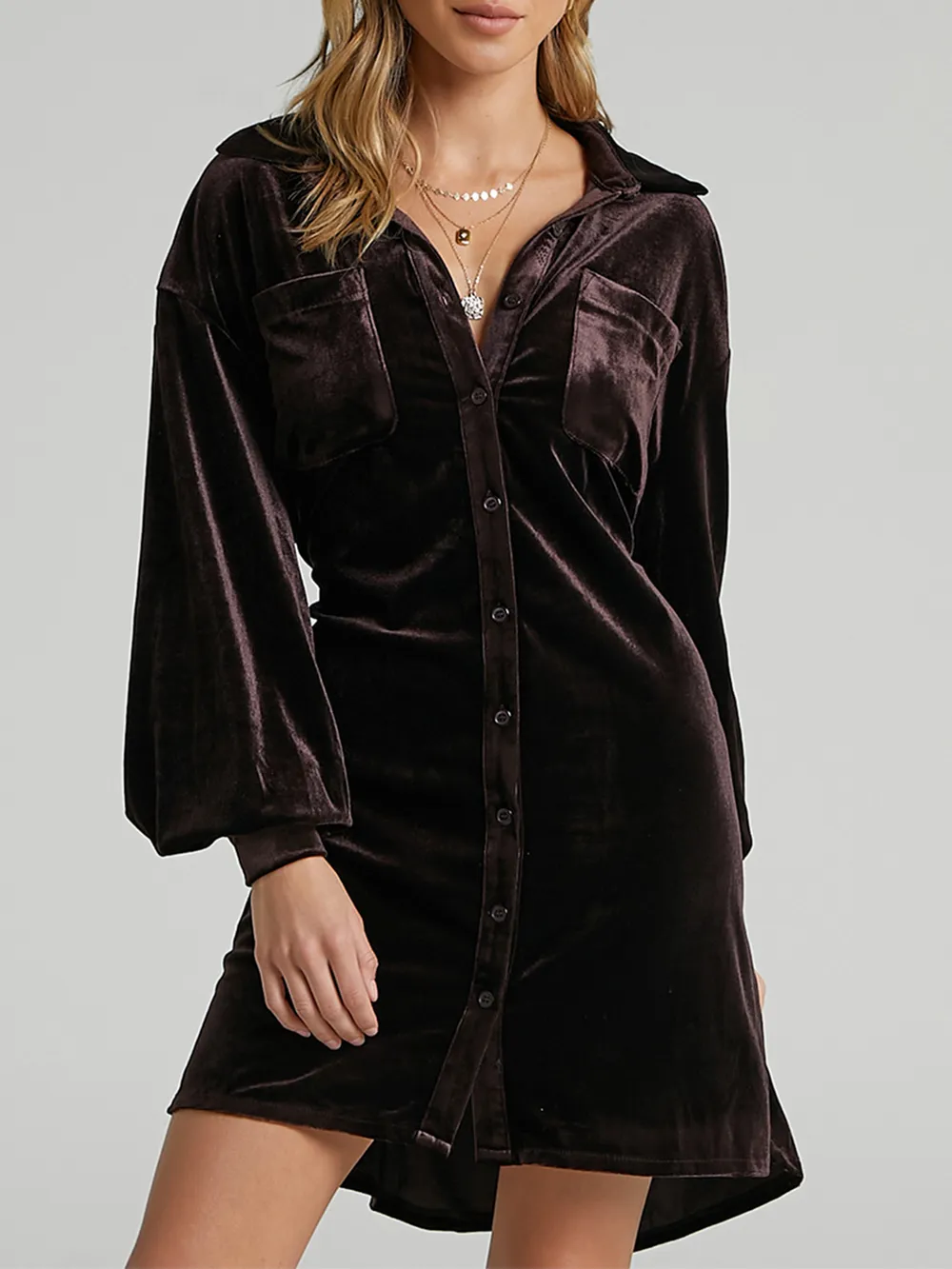 Collared Neck Button Down Long Sleeve Mini Dress, image 8