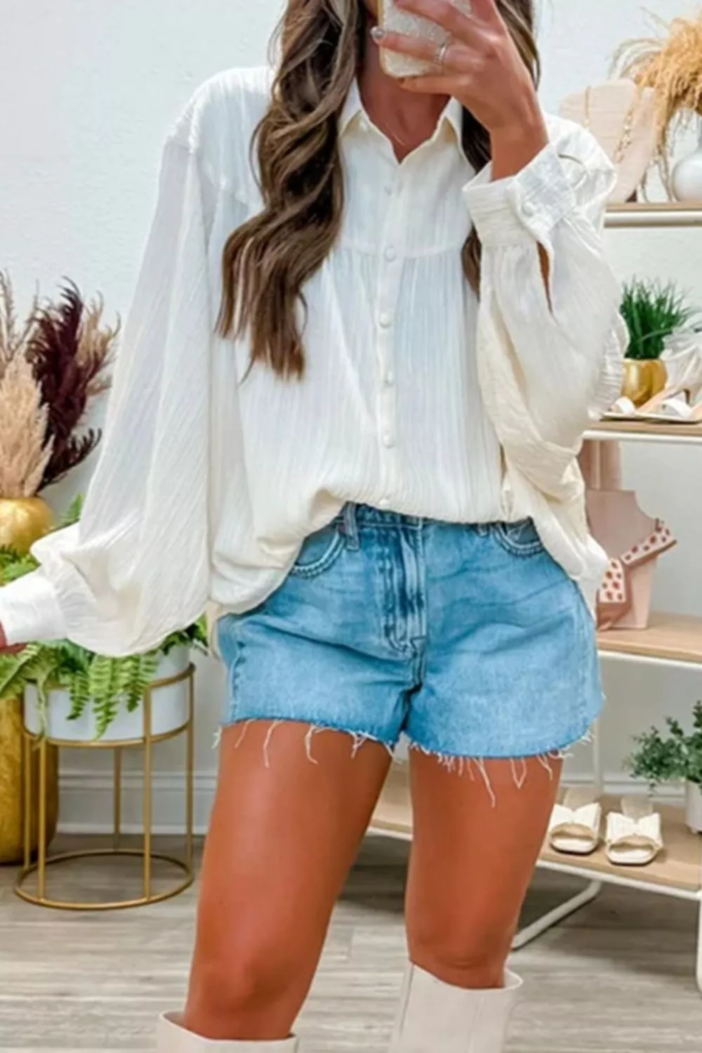 Crinkled Texture Lantern Sleeve Button Down Loose Shirt, image 9