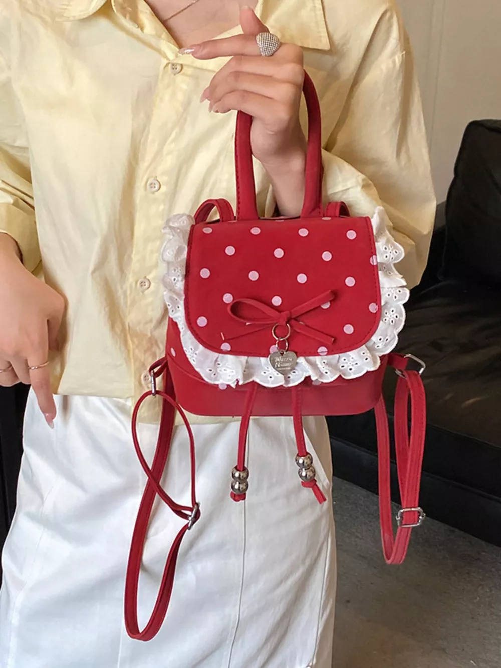 Polka Dot Lace Trim Backpack Bag, image 3