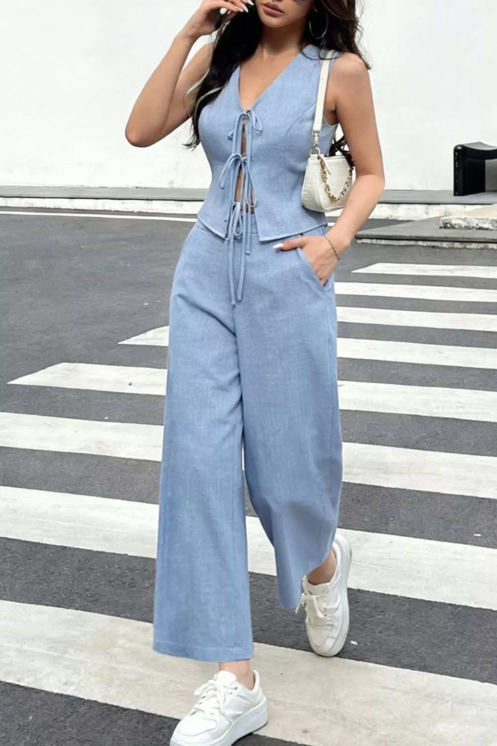 Tie Front Vest and Wide Leg Pants Set, image 2
