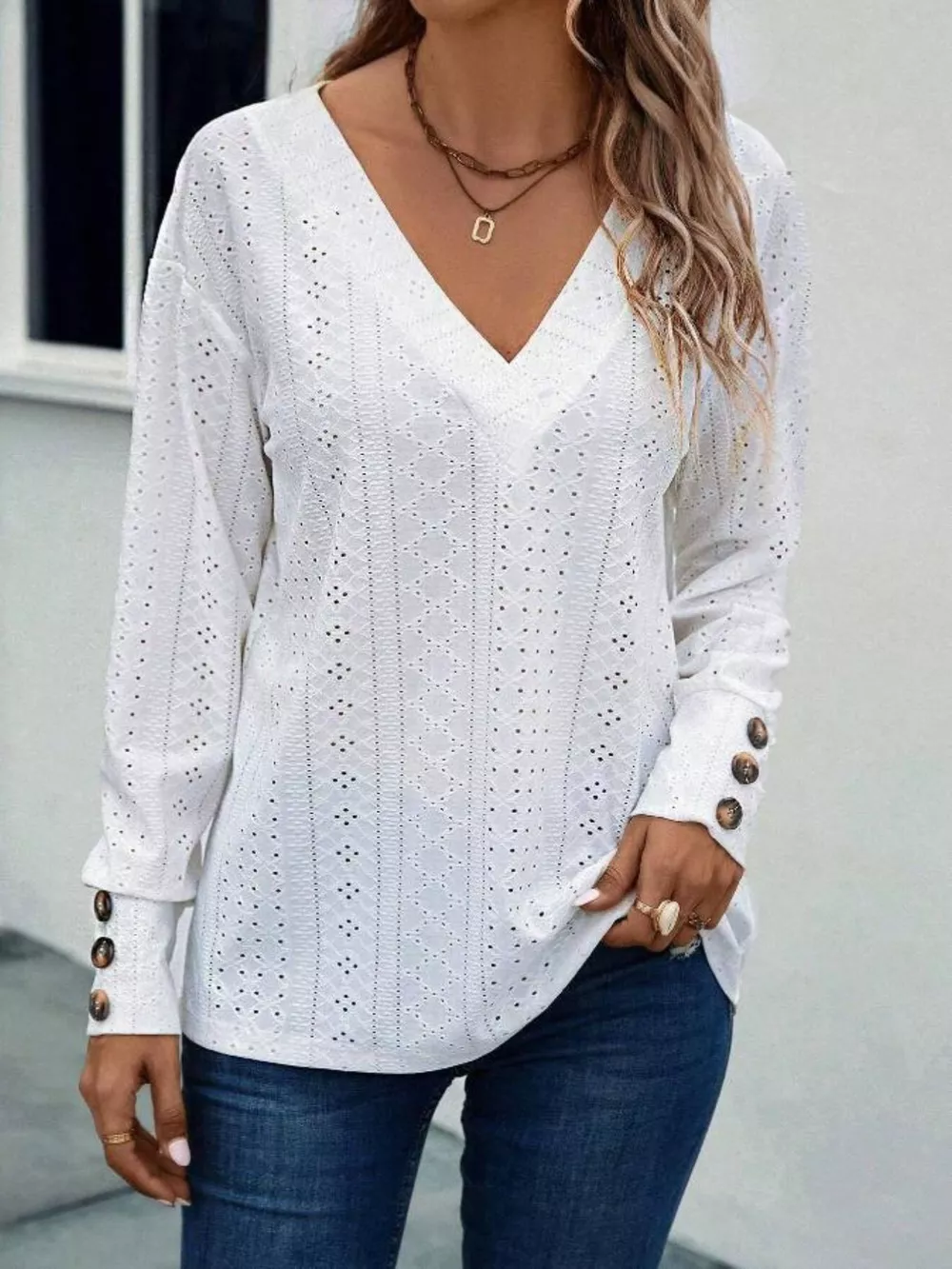 Eyelet V-Neck Long Sleeve T-Shirt, image 18