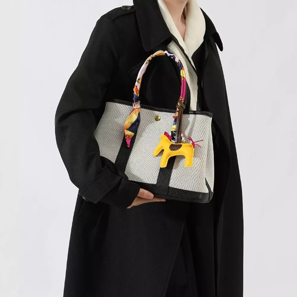 Canvas Handbag with Silk Scarf and Horse Charm, image 4
