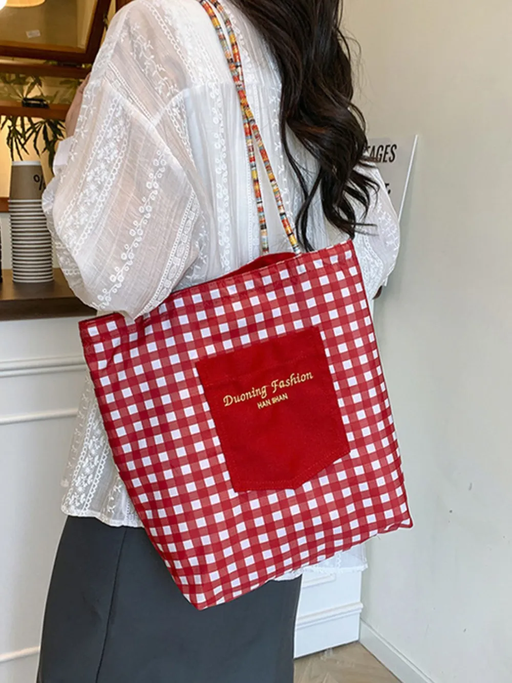 Gingham Pattern Tote Bag, image 5