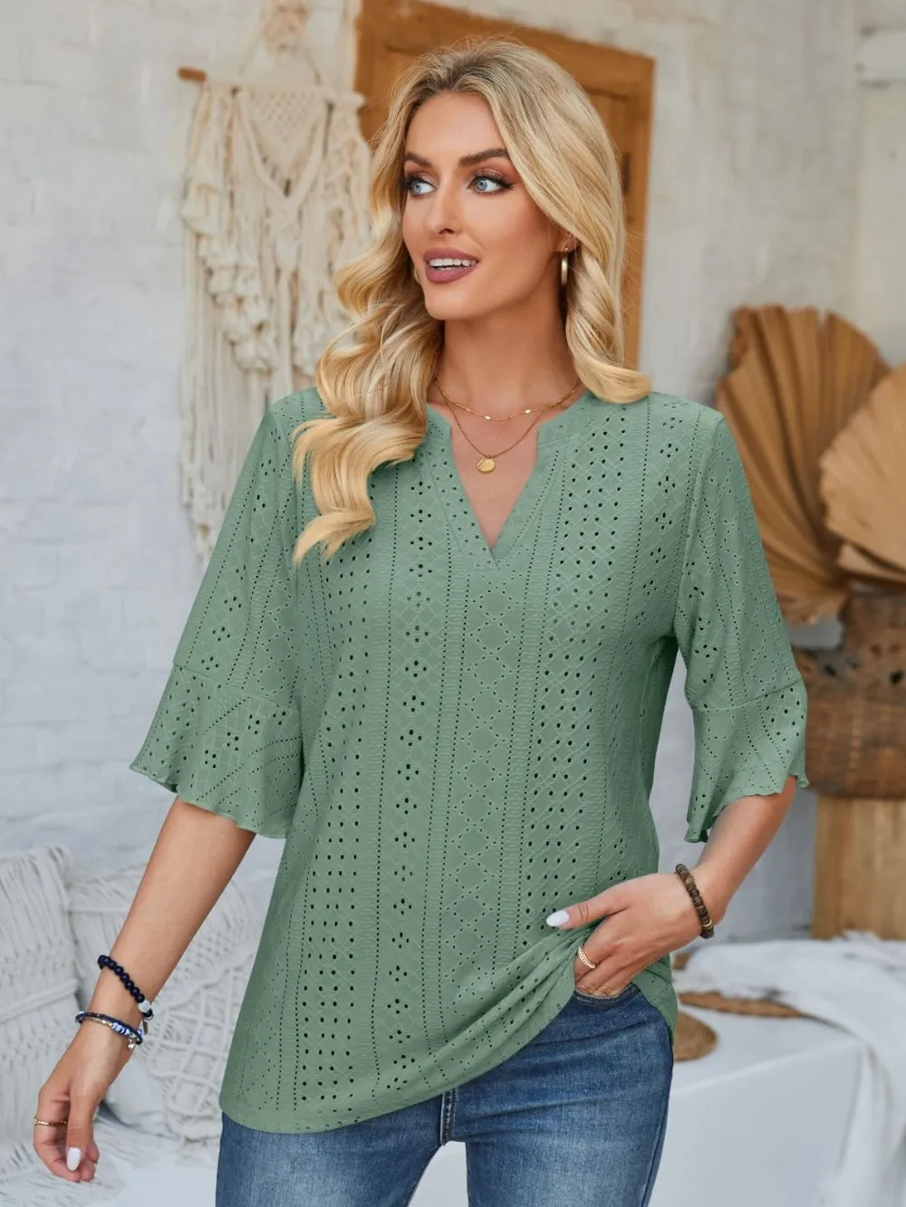 Eyelet Notched Half Sleeve T-Shirt, image 13