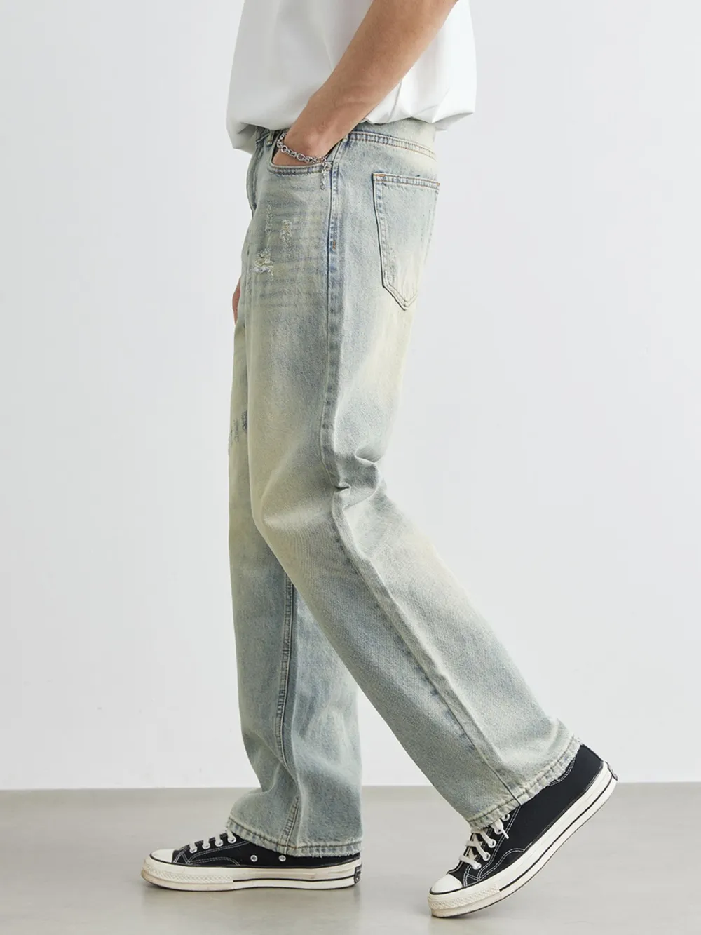 Men's Distressed Wash Wide Leg Jeans, image 6