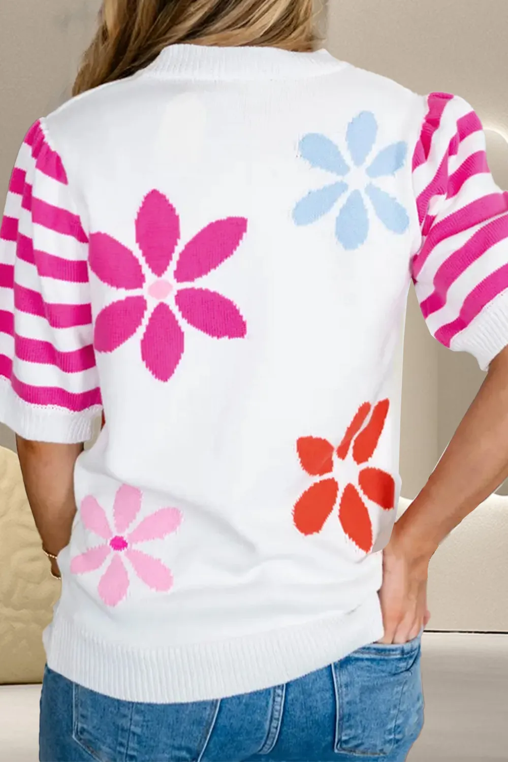 Flower Pattern Round Neck Half Sleeve Knit Top, image 3