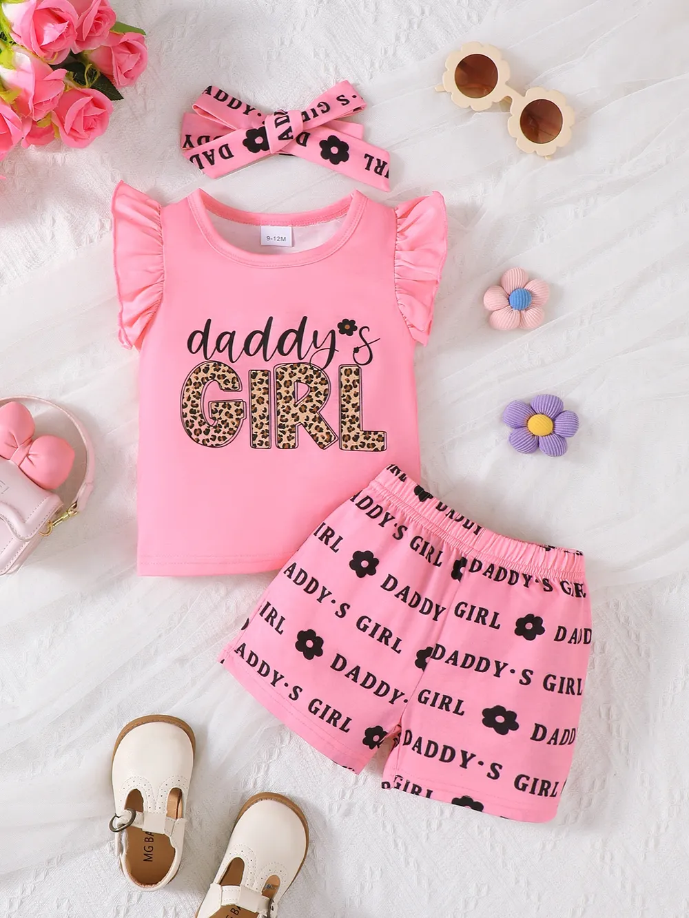 Children's Headband Letter Ruffle Sleeve Top and Shorts 3-Piece Set, image 3