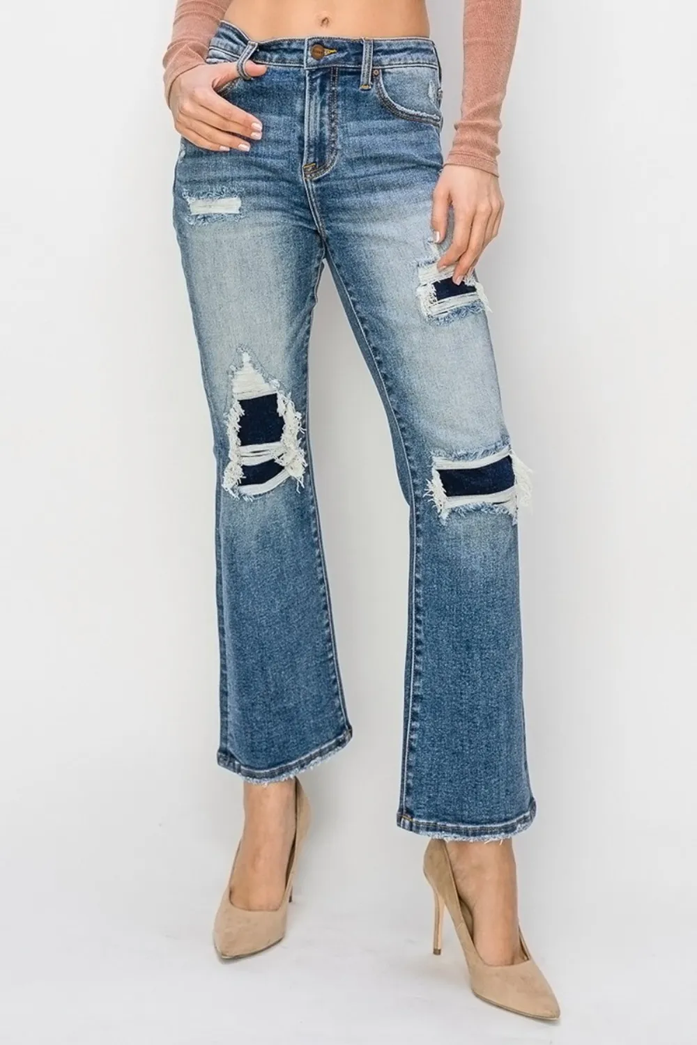 Full Size High Rise Distressed Ankle Flare Jeans, image 5