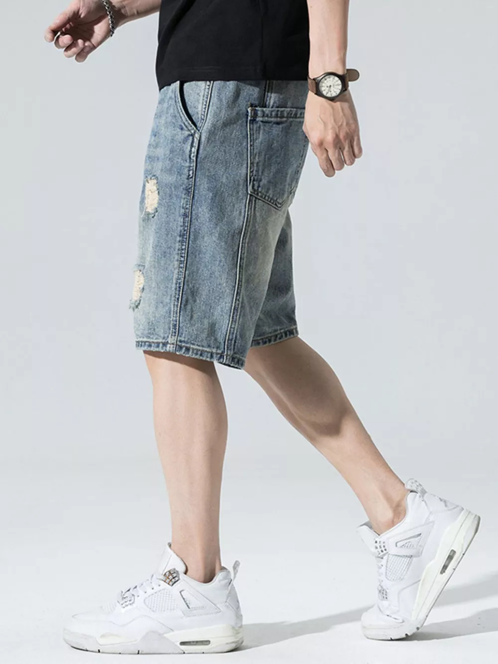 Men's Distressed Wide Leg Denim Shorts, image 5