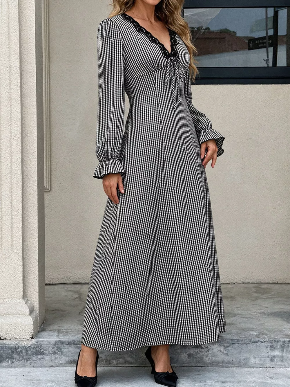 Gingham Lace-Trim V-Neck Long Sleeve A-Line Maxi Dress, image 4
