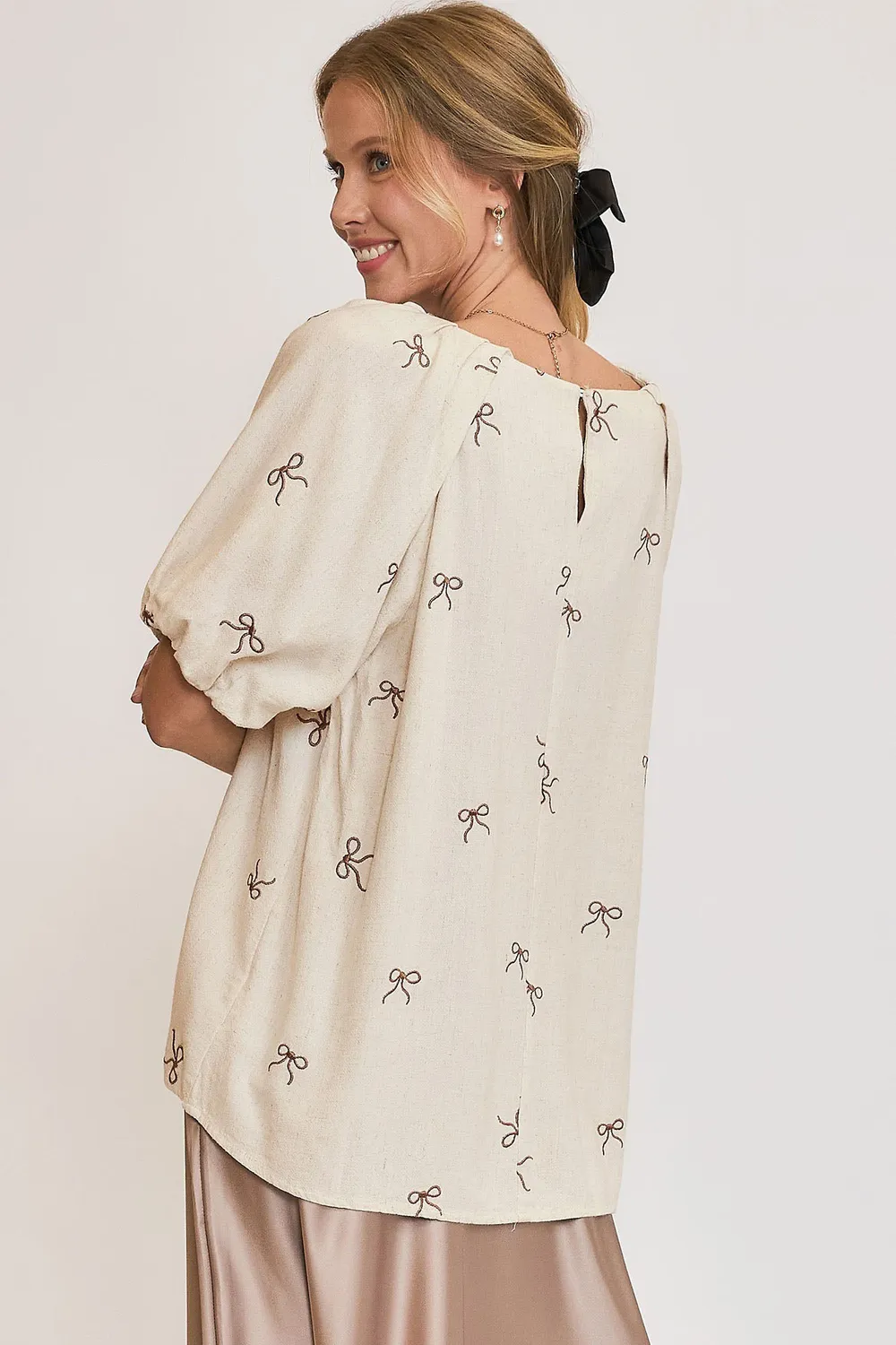 Full Size Linen Blend Ribbon Embroidered Top Plus Size, image 3
