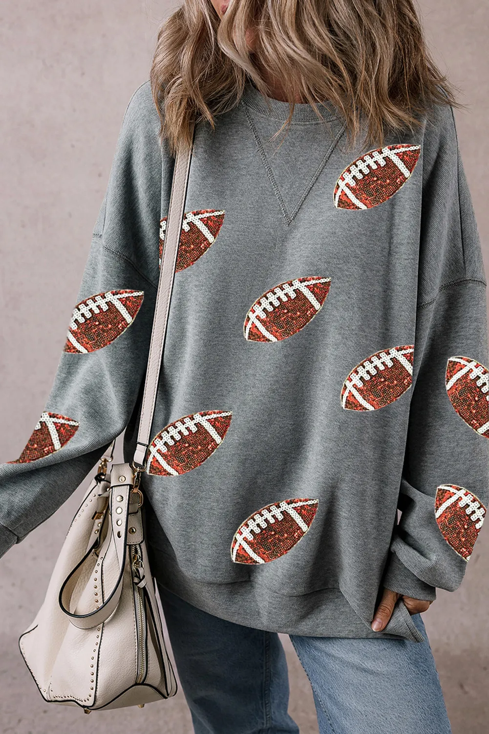 Sequin Football Round Neck Long Sleeve Sweatshirt, image 3