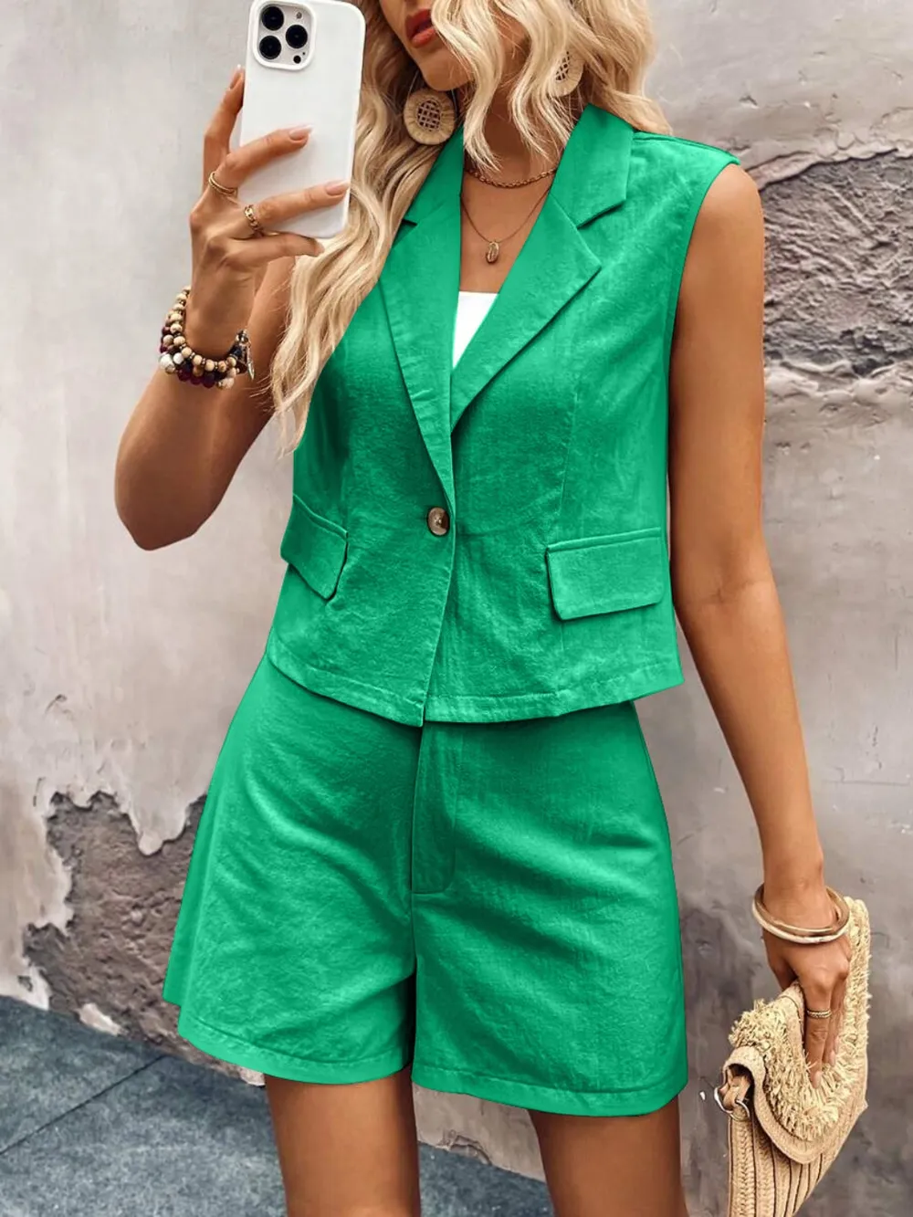 One Button Sleeveless Top and Shorts Set, image 22