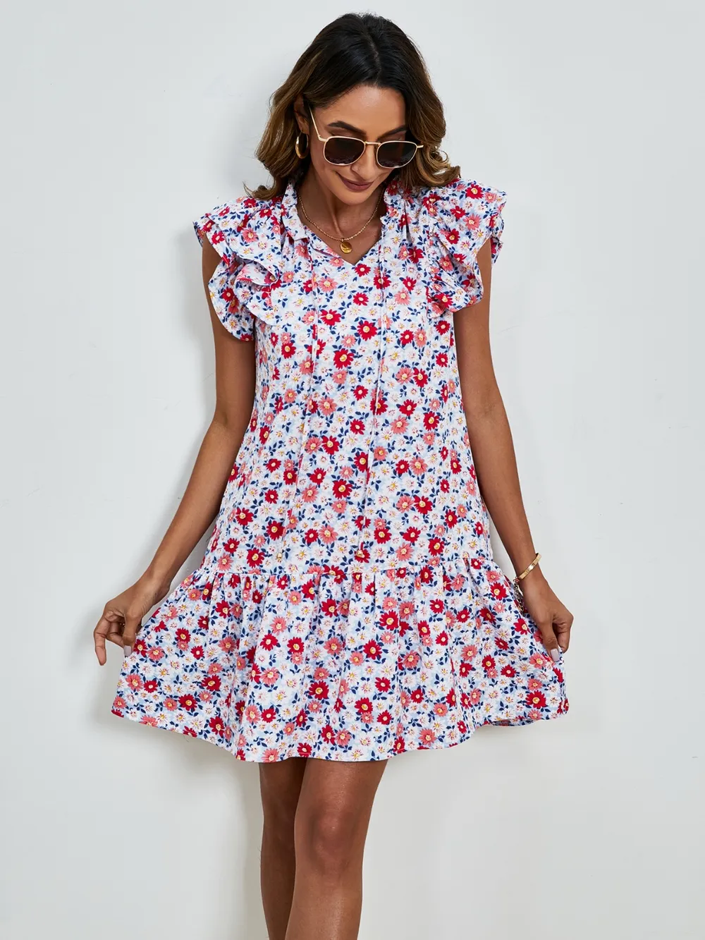 Tied Floral Cap Sleeve Mini Dress, image 8