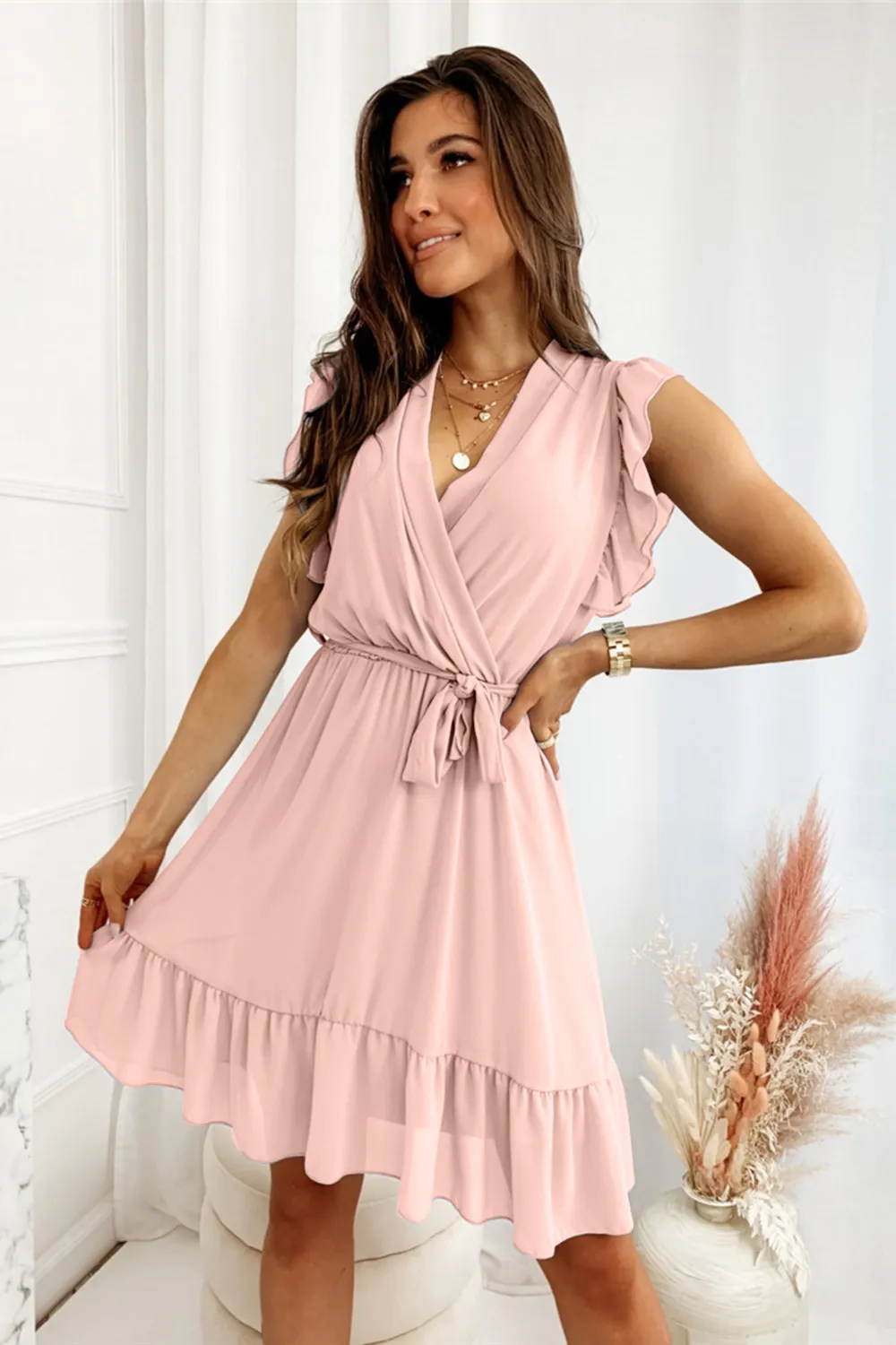 Full Size Ruffled Surplice Cap Sleeve Dress, image 8