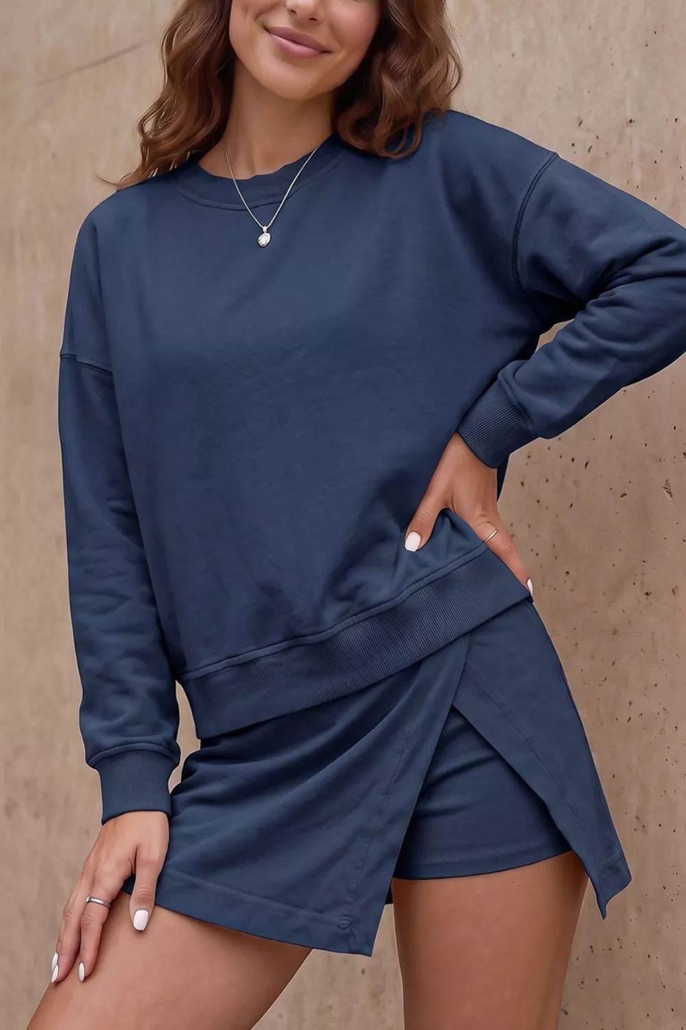Solid Color Long Sleeve Top Split Skort 2pcs Outfit, image 6