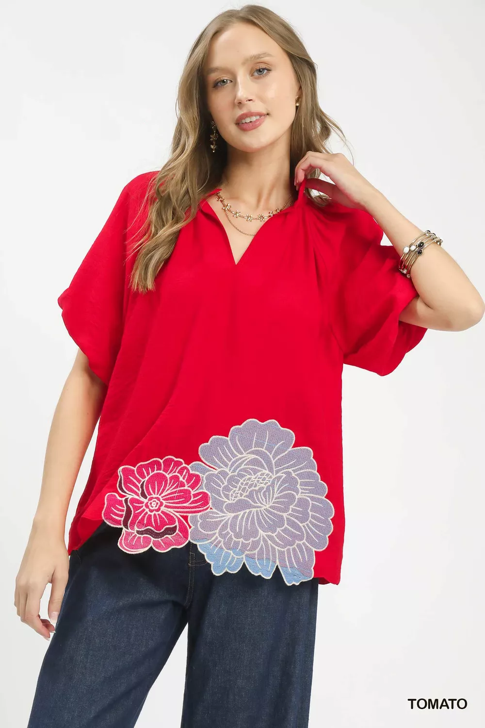 Floral Embroidered Hem Blouse