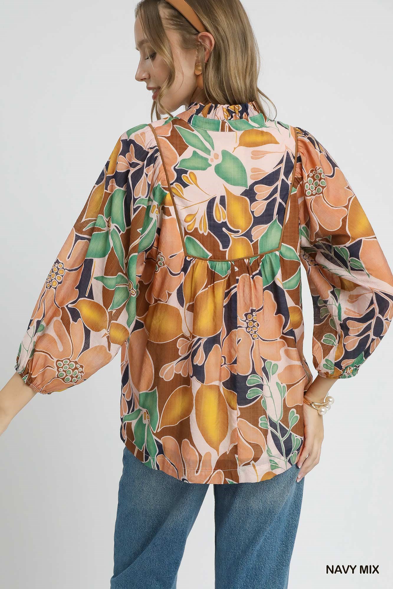 Multicolor Abstract Floral Print Blouse with Ruffle Neck, image 3