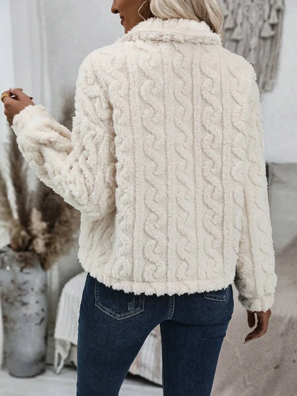 Fuzzy Button Up Collared Neck Jacket, image 3