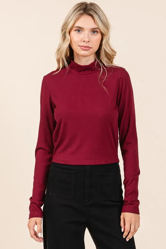 Mock Neck Rib Knit Long Sleeve Crop Top, image 4
