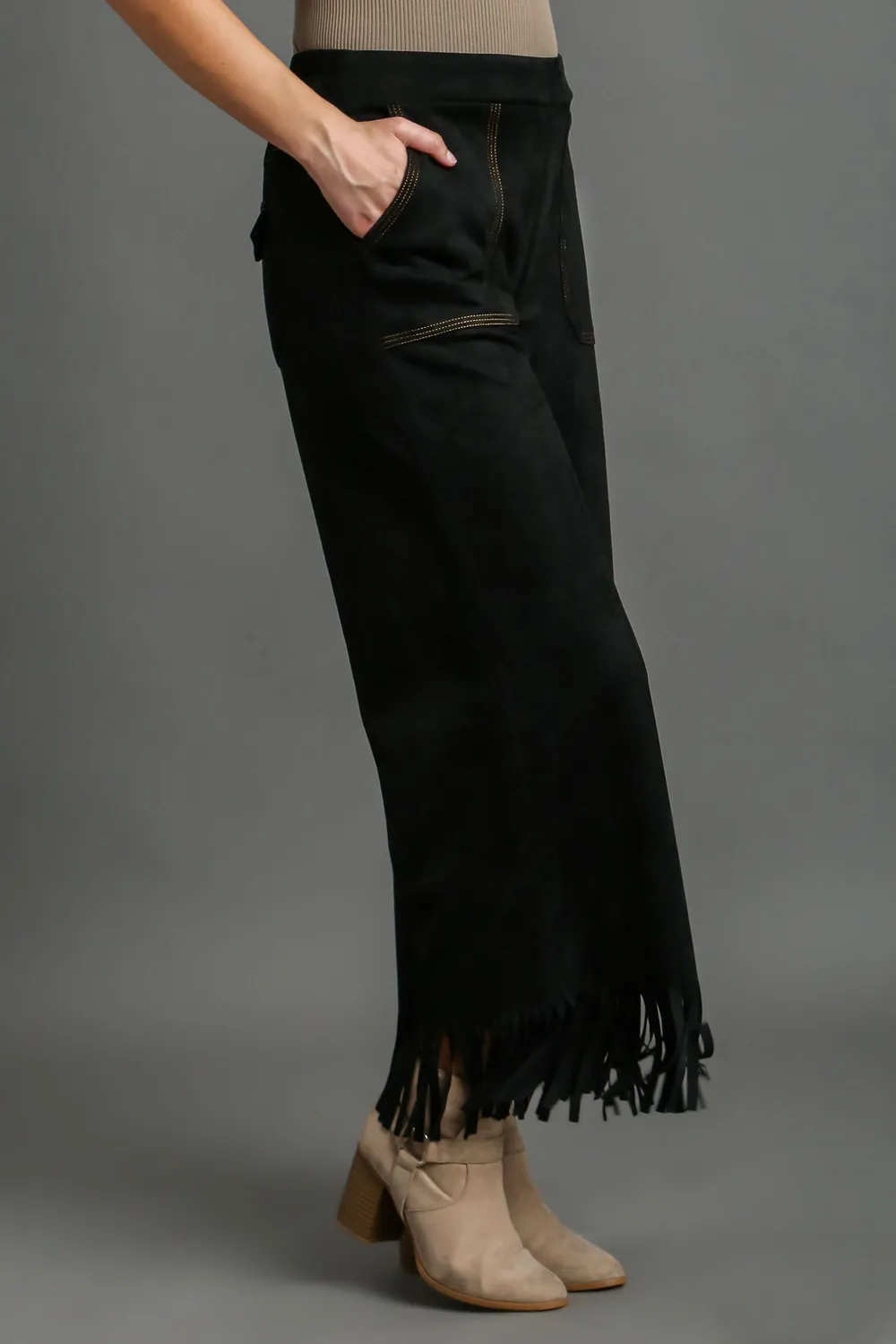 Full Size Suede Fringe Hem Wide Leg Pants Plus Size, image 2