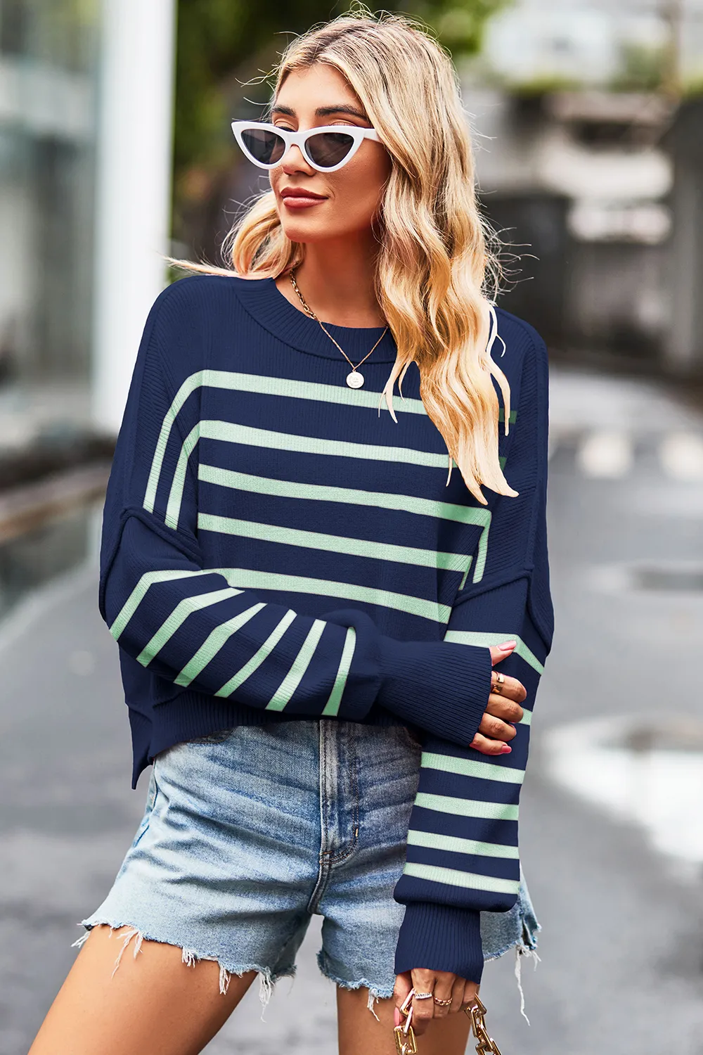 Striped Round Neck Drop Shoulder Slit Sweater, image 3