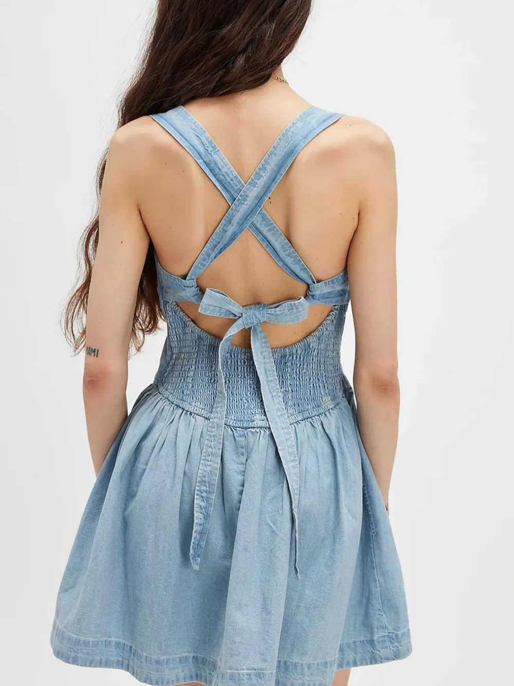 Smocked Crisscross Back Denim Mini Dress, image 4