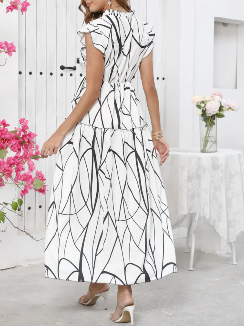 Abstract Print Ruffle Sleeve V-Neck Midi Dress, image 8