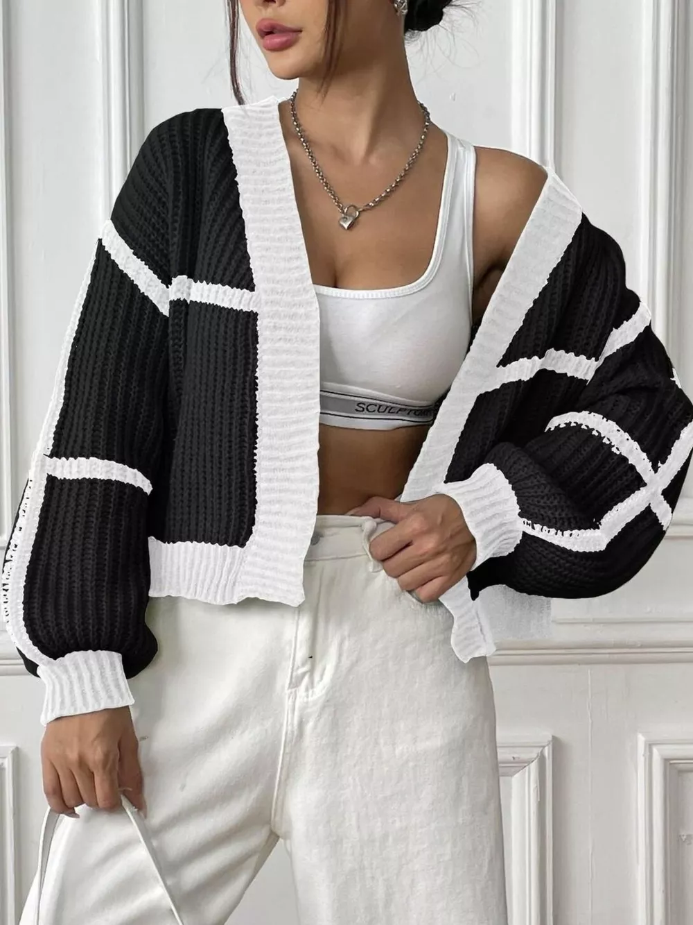 Color-Block Ribbed Knit Open-Front Cropped Cardigan, image 19