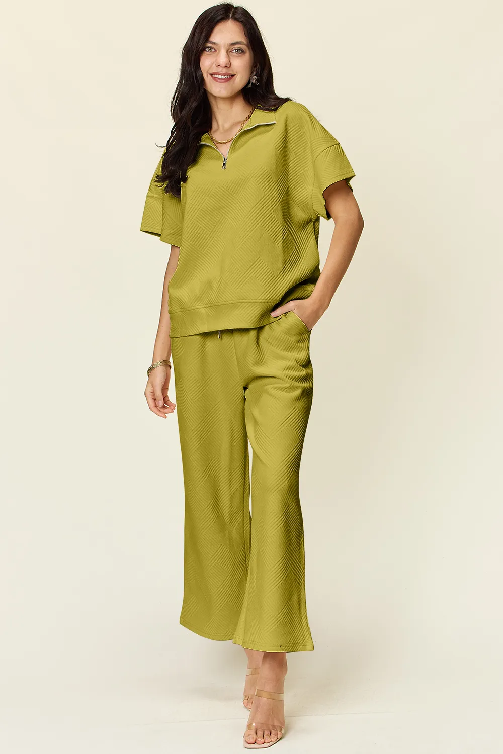 Full Size Texture Half Zip Short Sleeve Top and Pants Set, image 33