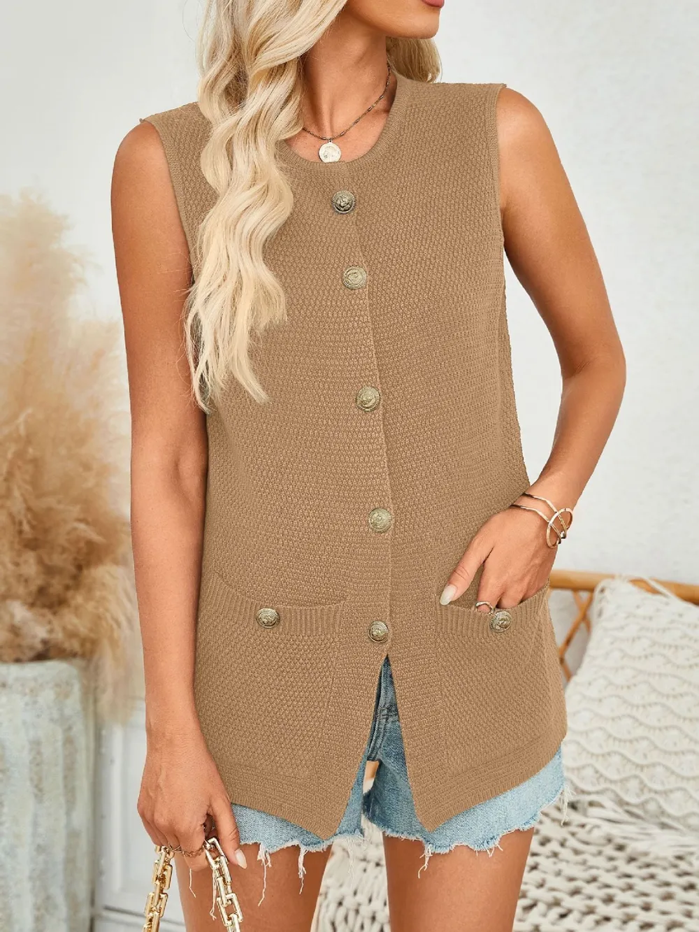 Button Down Round Neck Knit Vest, image 11
