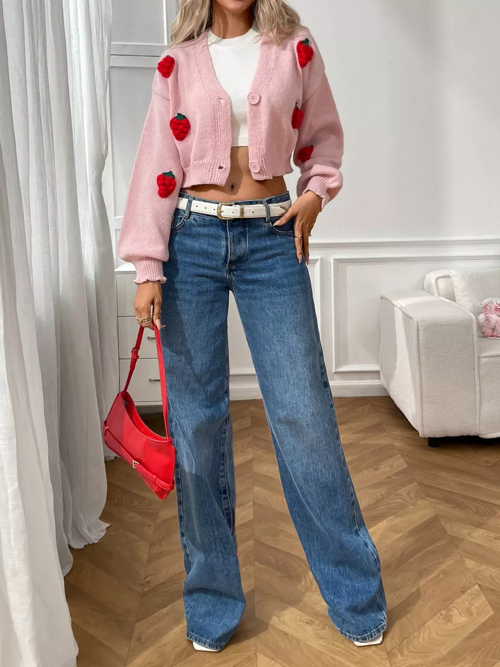 Strawberry Cropped Button-Up Cardigan, image 21