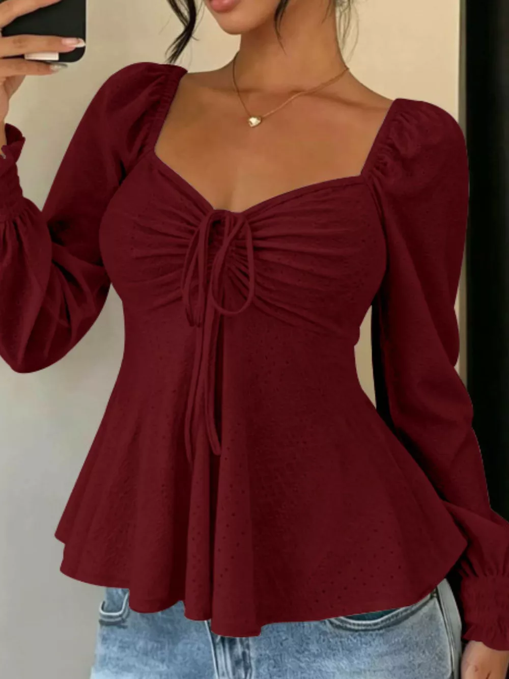 Ruched Sweetheart Neck Long Sleeve Top, image 7