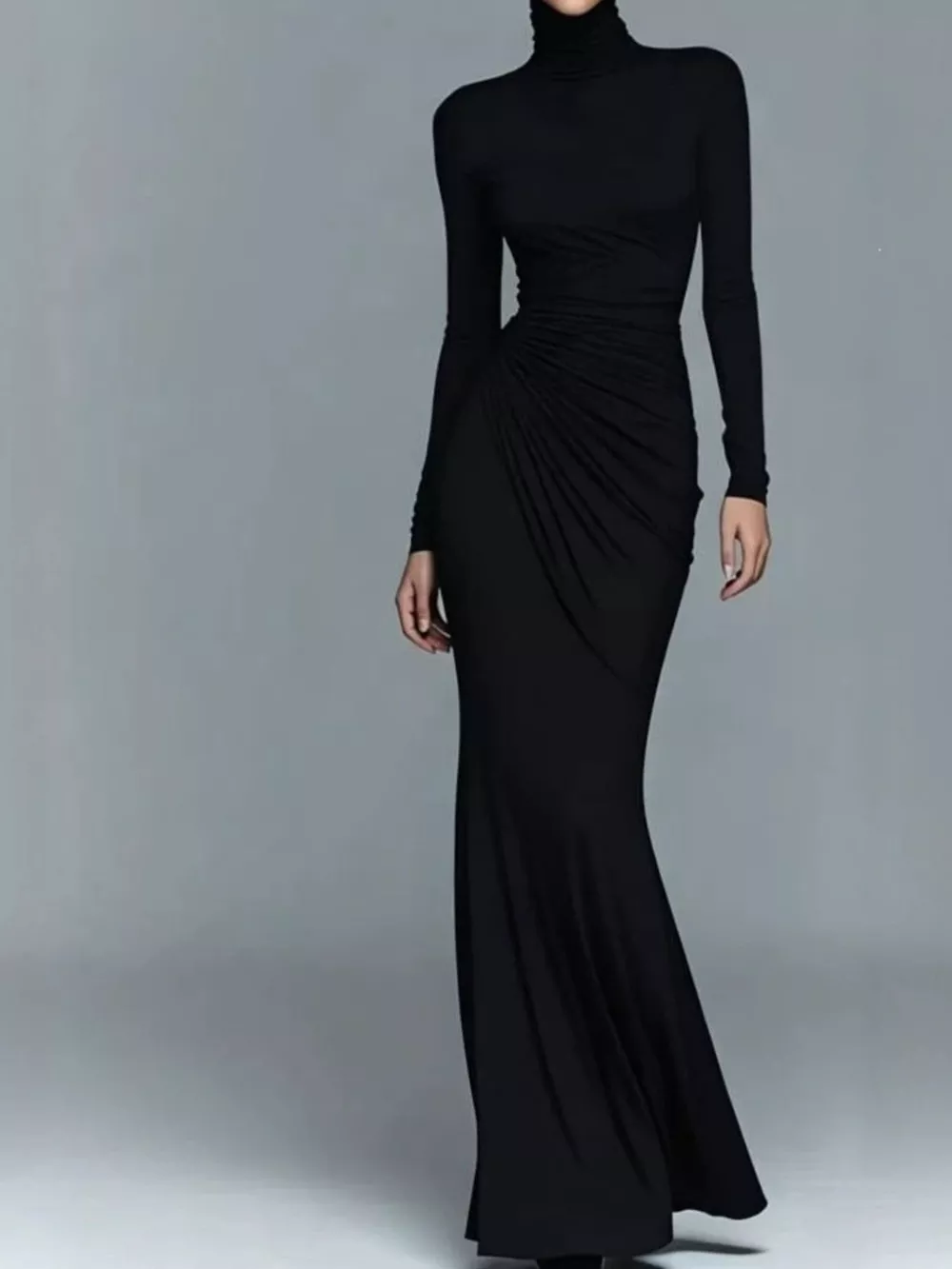 Turtleneck Long-Sleeve Ruched Maxi Dress, image 5