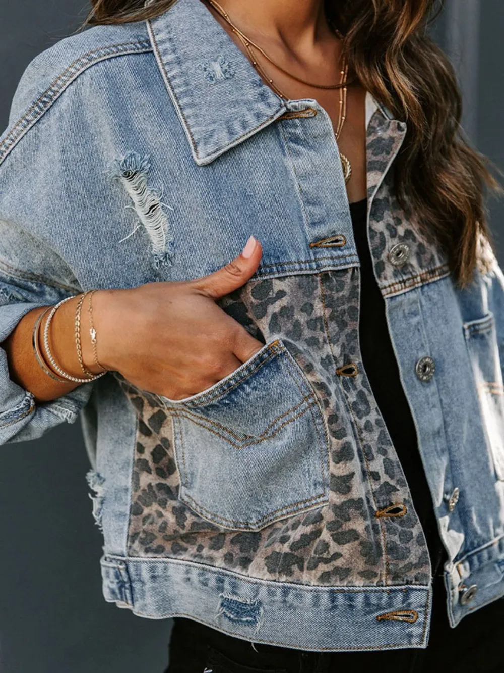 Distressed Leopard Drop Shoulder Denim Jacket, image 4