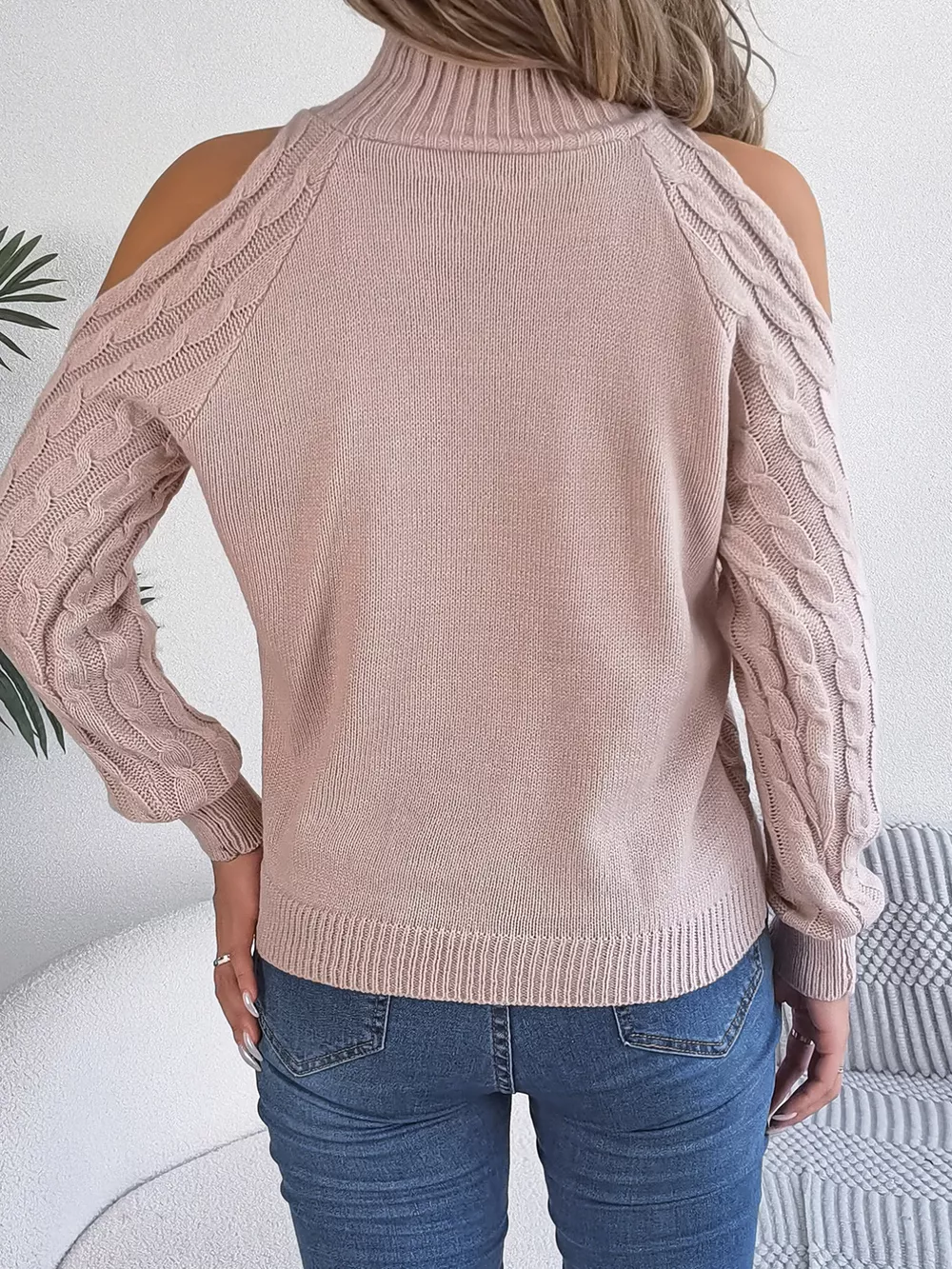 Cable Knit Cold Shoulder Turtleneck Sweater, image 9