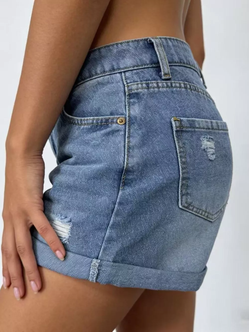 Ripped High-Waisted Denim Shorts, image 7