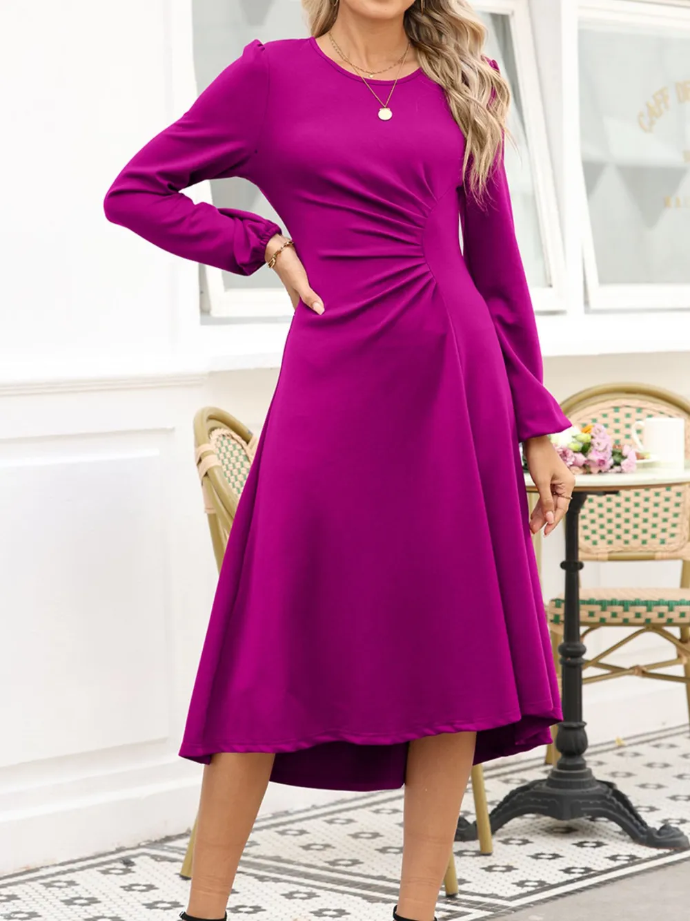 Solid Color Ruched Detail Long Sleeve Midi Dress, image 17
