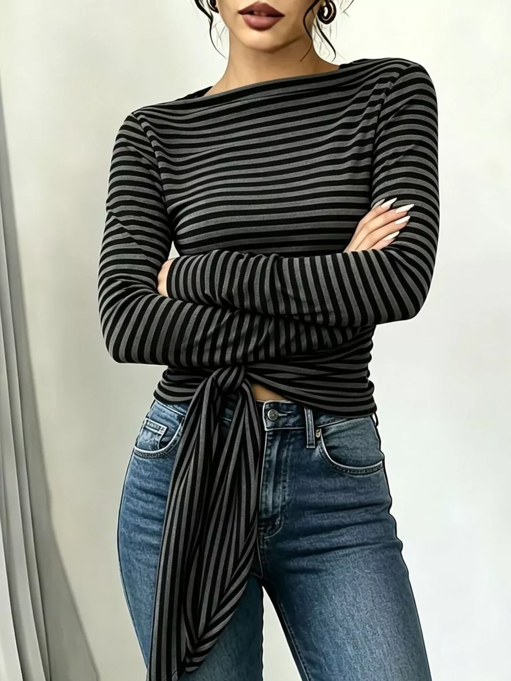 Long Sleeve Striped T-Shirt with Front Tie Detail, image 4