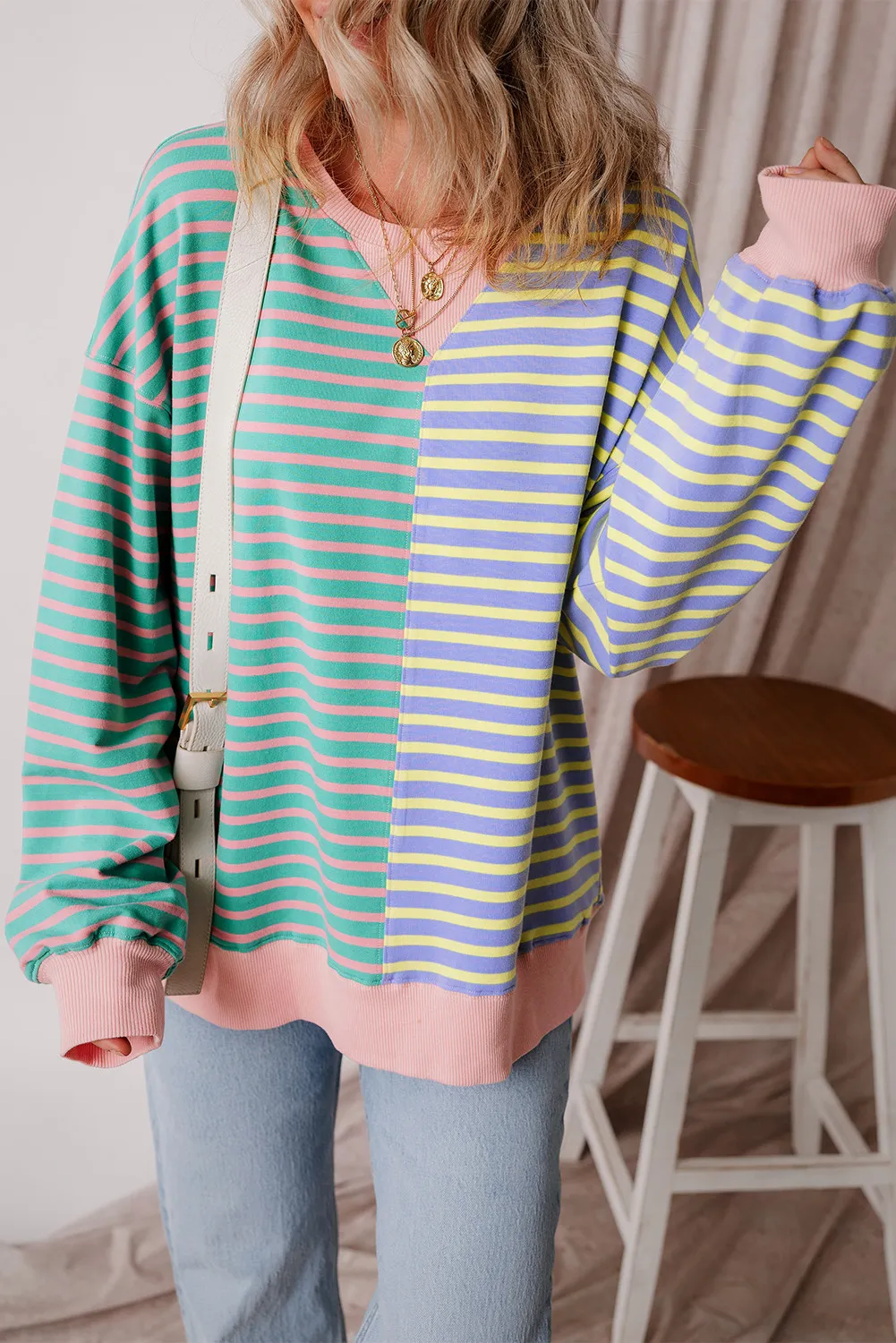 Contrast Stripes Round Neck Long Sleeve Sweatshirt, image 13