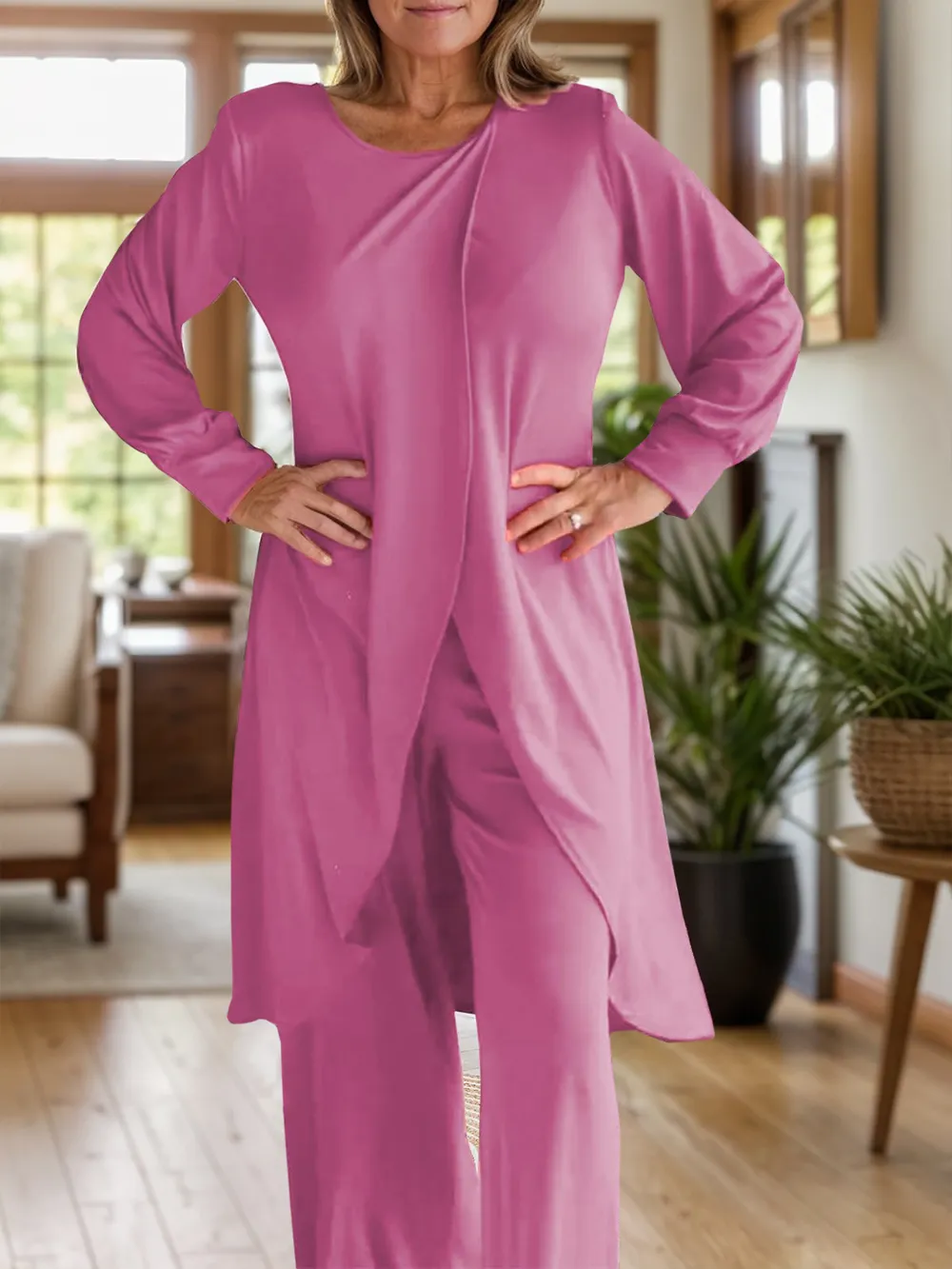 Full Size Slit Round Neck Long Sleeve Top and Pants Set, image 25