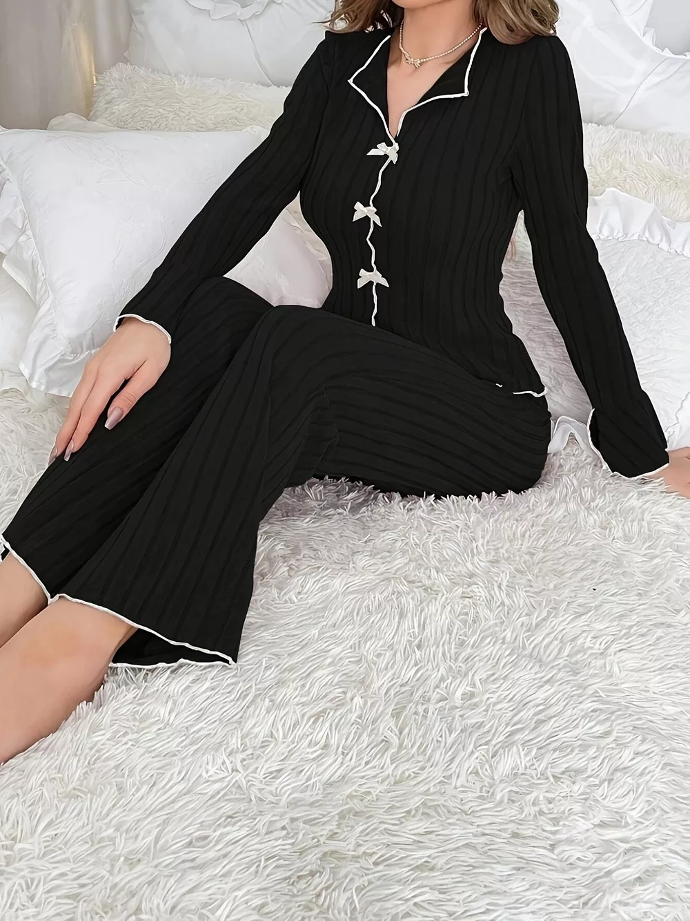 Ribbed Bow Front Top and Pants Lounge Set, image 6