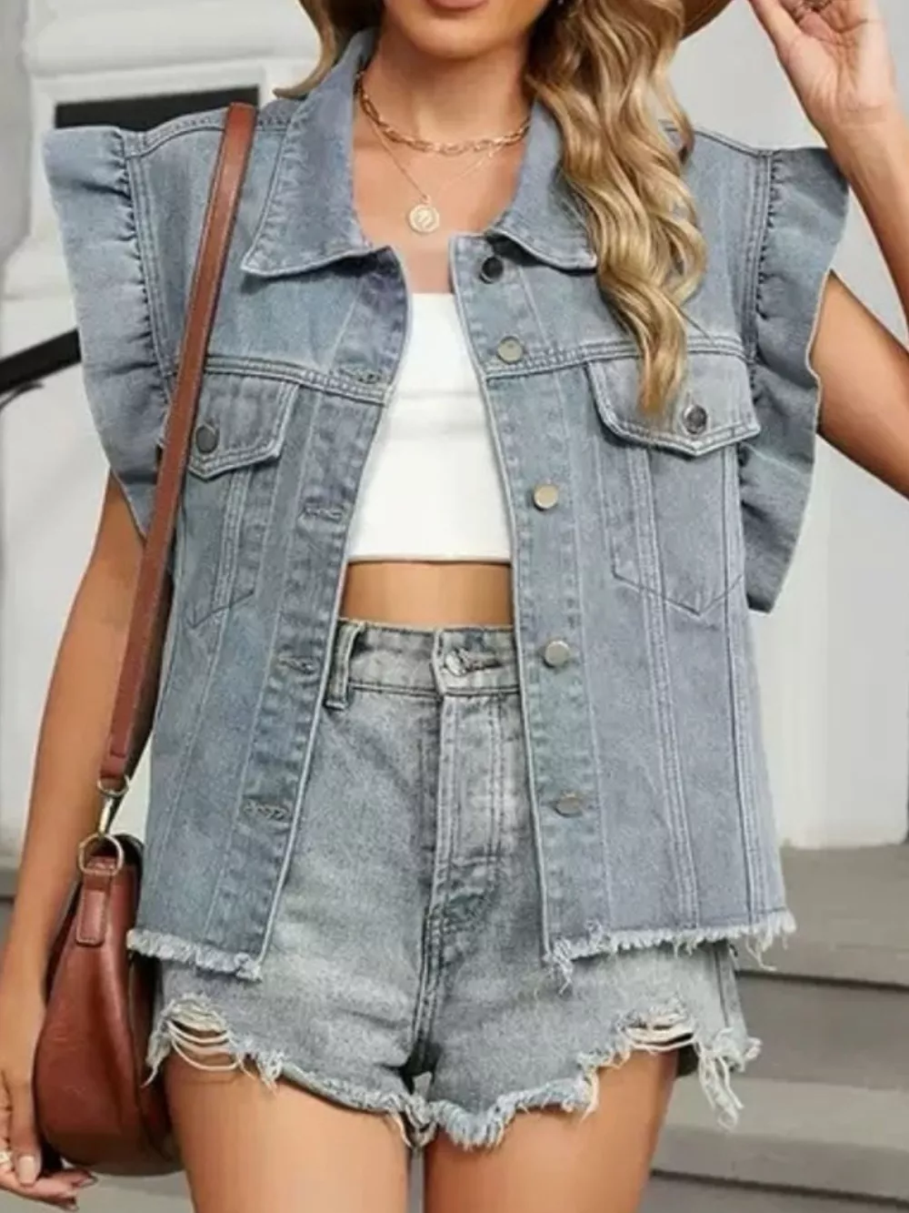 Ruffled Raw Hem Button Up Denim Jacket, image 6