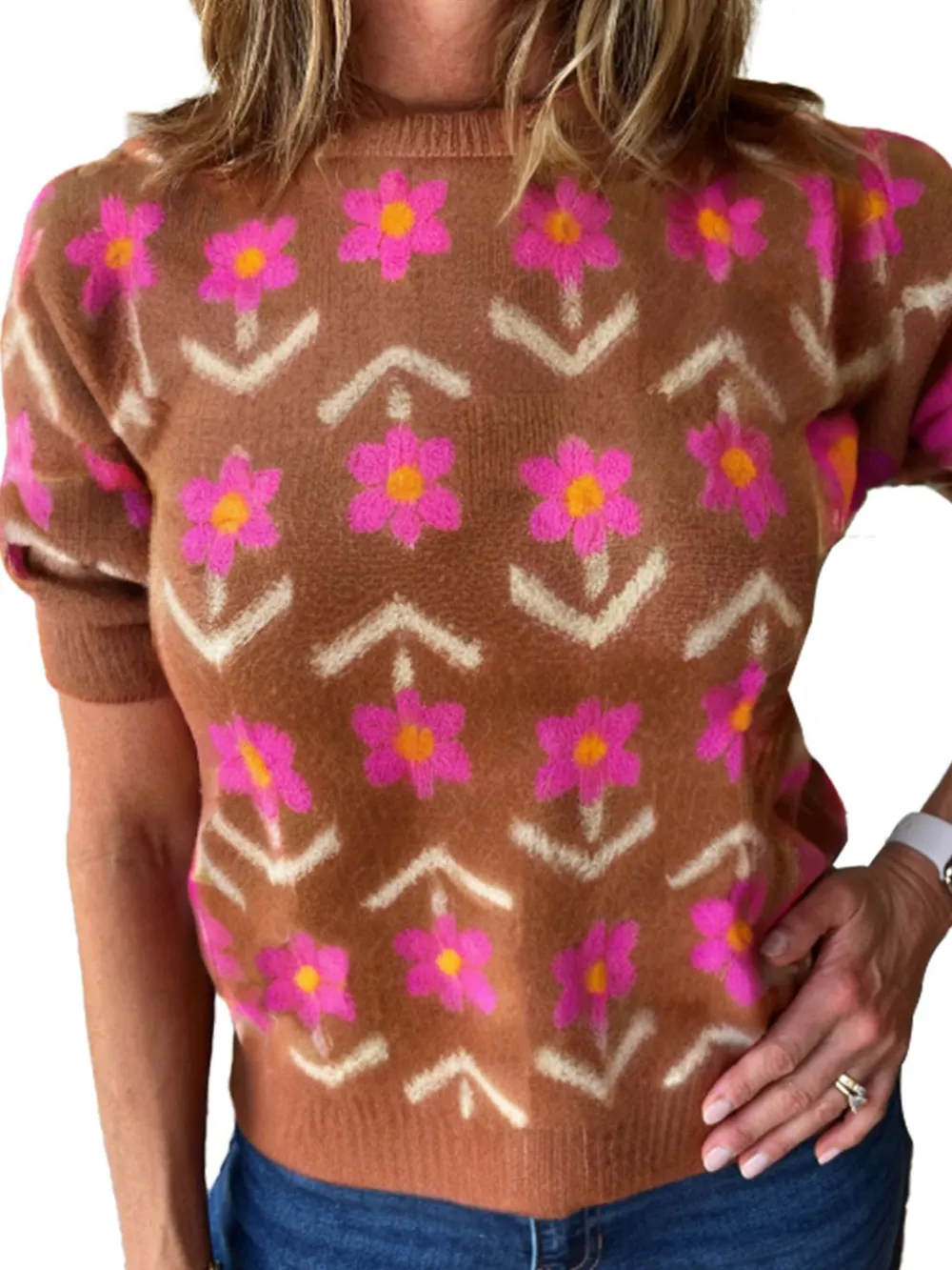Floral Pattern Short Sleeve Sweater, image 4