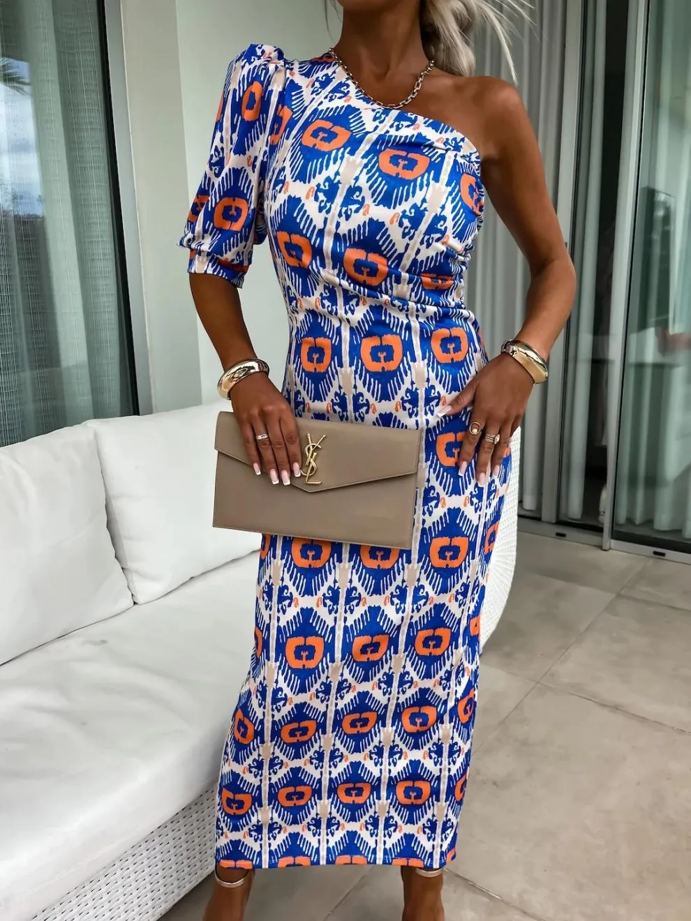 Slit Printed Single Shoulder Midi Dress