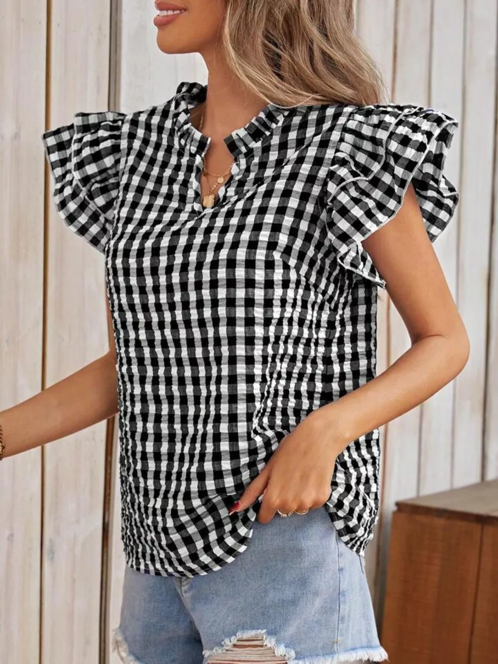 Gingham Ruffle Sleeve Blouse, image 12